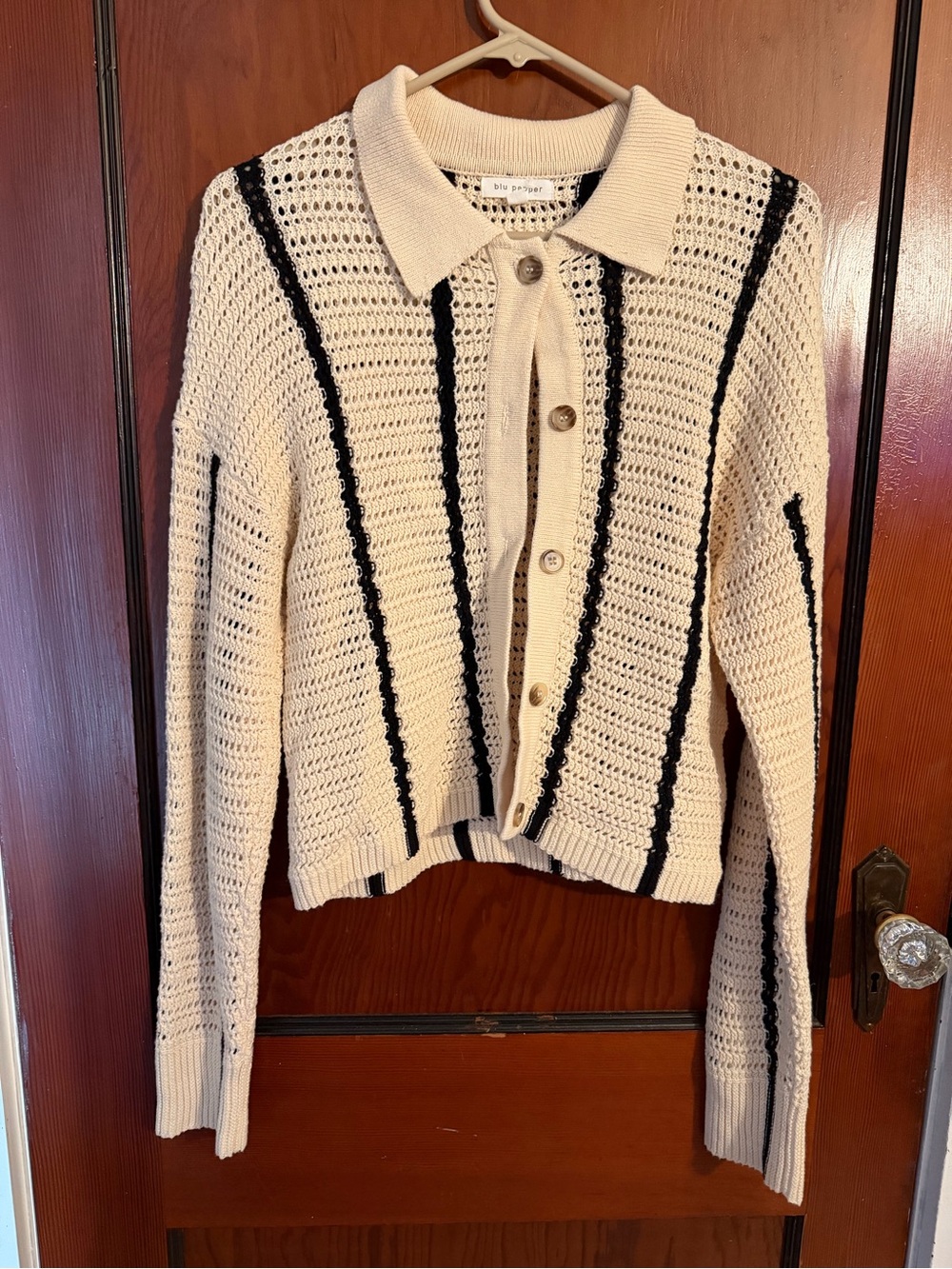 Blu Pepper Cream Open-Knit Collared Cardigan with Black Stripes